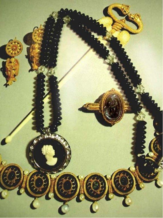 Vintage BLack Cameo Necklace GLass beads and Rhinestones too