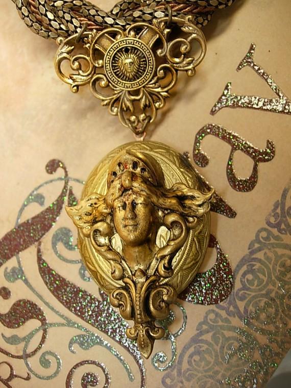 Medusa Locket necklace HUGE snake chain Winged Goddess Angel renaissance