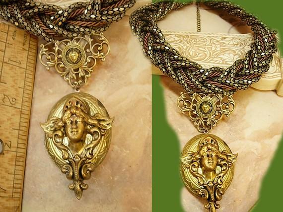 Medusa Locket necklace HUGE snake chain Winged Goddess Angel renaissance