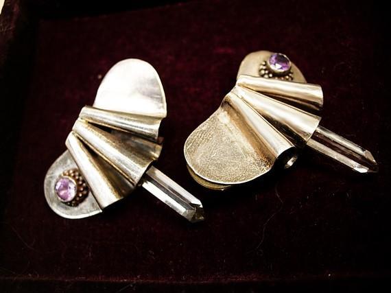 Vintage sterling earrings with healing crystal amethyst modernist