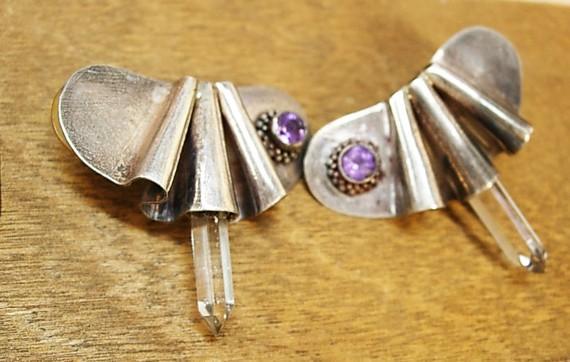 Vintage sterling earrings with healing crystal amethyst modernist