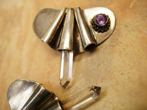 Vintage sterling earrings with healing crystal amethyst modernist