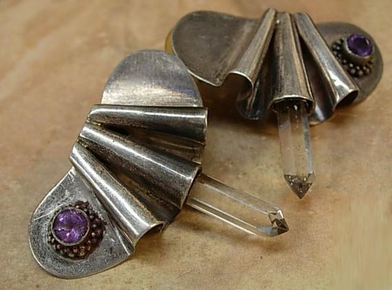 Vintage sterling earrings with healing crystal amethyst modernist