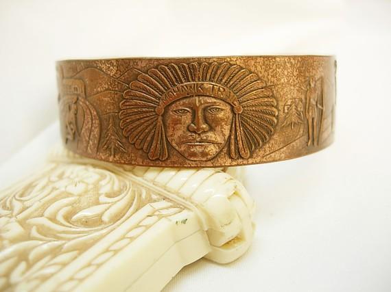Unusual Indian Story telling bracelet cuff with Chief and warriors