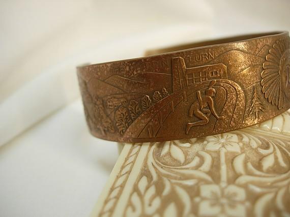Unusual Indian Story telling bracelet cuff with Chief and warriors