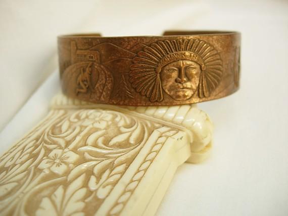 Unusual Indian Story telling bracelet cuff with Chief and warriors