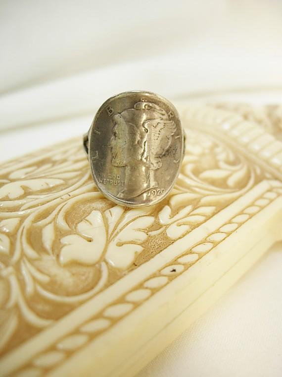 Vintage 1920 Mercury RING with winged God in sterling Liberty Dime Coin Jewelry size 6 1/2