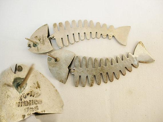 Sleeping With the Fishes Mob Earrings Vintage sterling signed skeletons