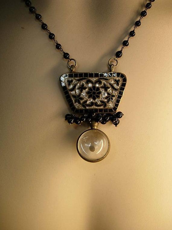 Vintage mustard seed victorian necklace black enamel and mother of pearl