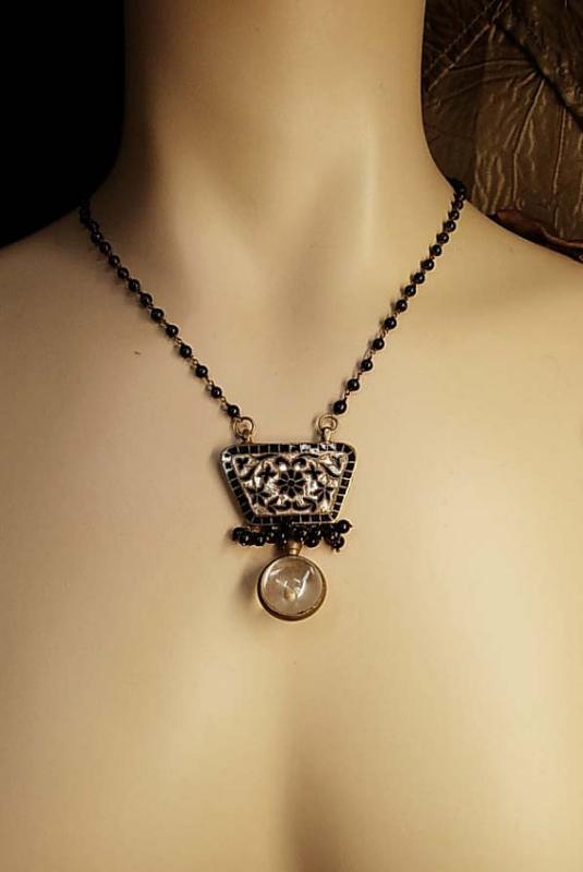 Vintage mustard seed victorian necklace black enamel and mother of pearl