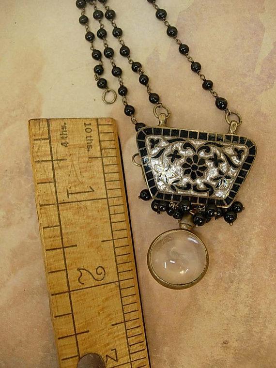 Vintage mustard seed victorian necklace black enamel and mother of pearl