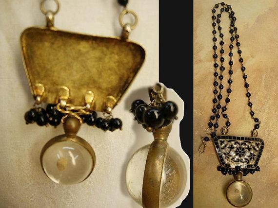 Vintage mustard seed victorian necklace black enamel and mother of pearl