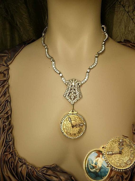 Mermaid slider locket necklace with 1920s deco paste dress clip and rhinestone collar and pocketwatch