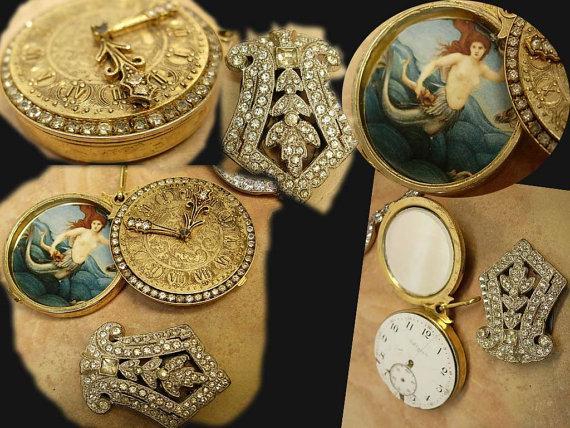 Mermaid slider locket necklace with 1920s deco paste dress clip and rhinestone collar and pocketwatch