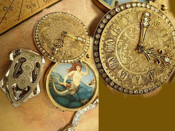 Mermaid slider locket necklace with 1920s deco paste dress clip and rhinestone collar and pocketwatch