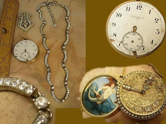 Mermaid slider locket necklace with 1920s deco paste dress clip and rhinestone collar and pocketwatch