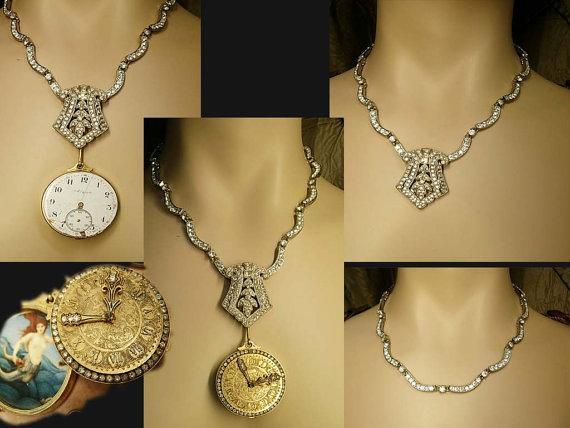 Mermaid slider locket necklace with 1920s deco paste dress clip and rhinestone collar and pocketwatch