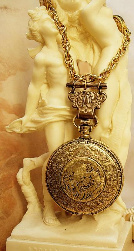 VIntage Nouveau pocketwatch compact necklace with raised nudes and antique hanger