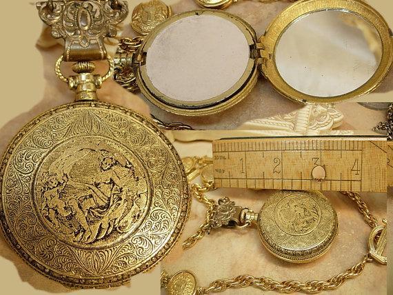 VIntage Nouveau pocketwatch compact necklace with raised nudes and antique hanger