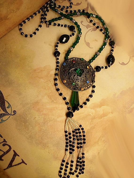 Vintage Flapper lariat and czech filigree necklace set Jet beads