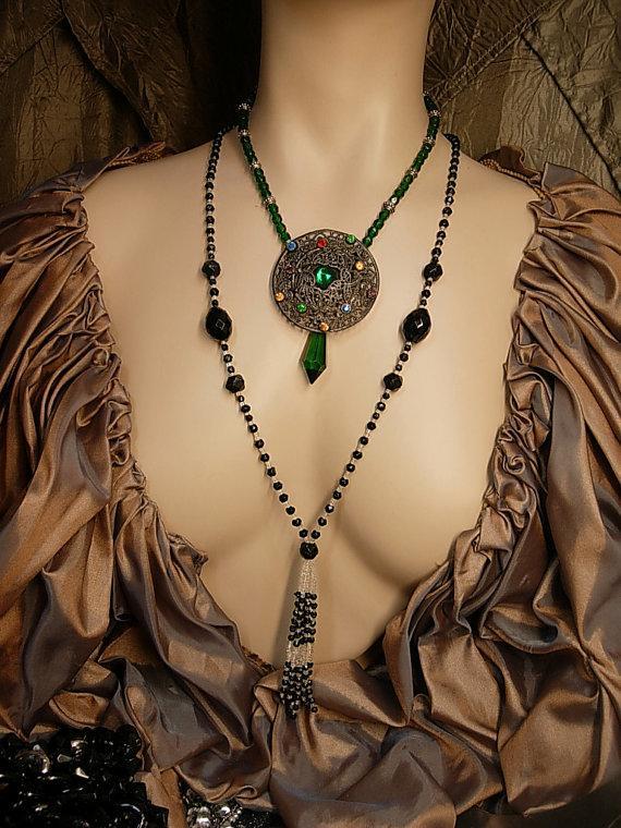 Vintage Flapper lariat and czech filigree necklace set Jet beads