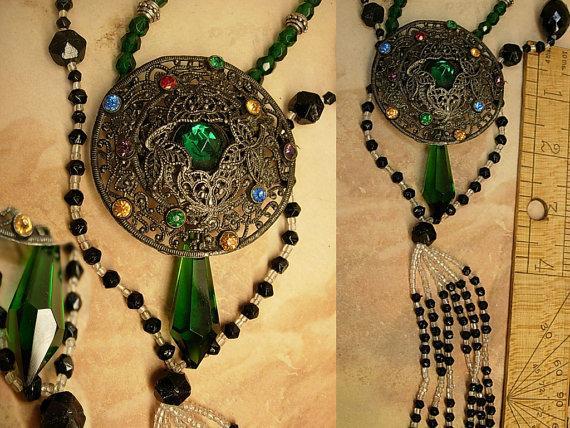 Vintage Flapper lariat and czech filigree necklace set Jet beads