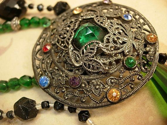 Vintage Flapper lariat and czech filigree necklace set Jet beads