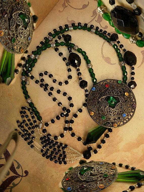 Vintage Flapper lariat and czech filigree necklace set Jet beads