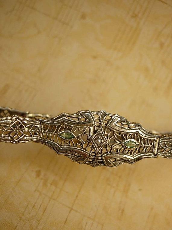 Art Deco sterling pearl emerald bracelet Vintage hinged with open metal work