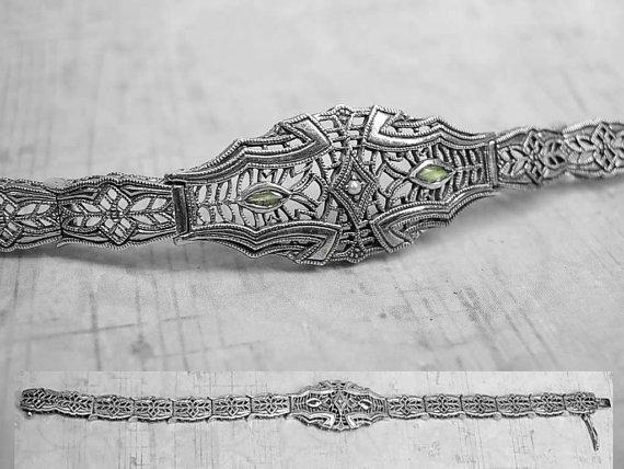 Art Deco sterling pearl emerald bracelet Vintage hinged with open metal work