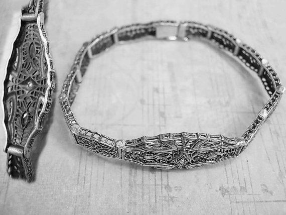 Art Deco sterling pearl emerald bracelet Vintage hinged with open metal work