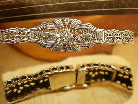 Art Deco sterling pearl emerald bracelet Vintage hinged with open metal work