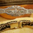 Art Deco sterling pearl emerald bracelet Vintage hinged with open metal work