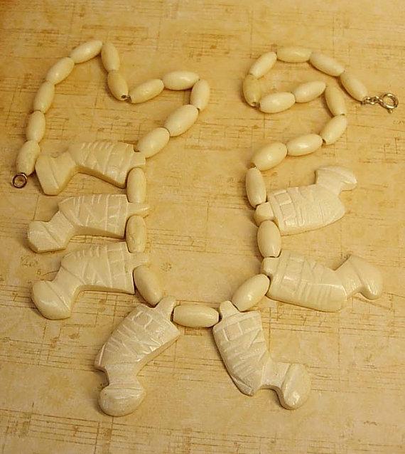 Vintage bone or preban ivory Egyptian revival necklace Queen Nefertiti carved beads