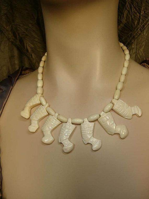 Vintage bone or preban ivory Egyptian revival necklace Queen Nefertiti carved beads