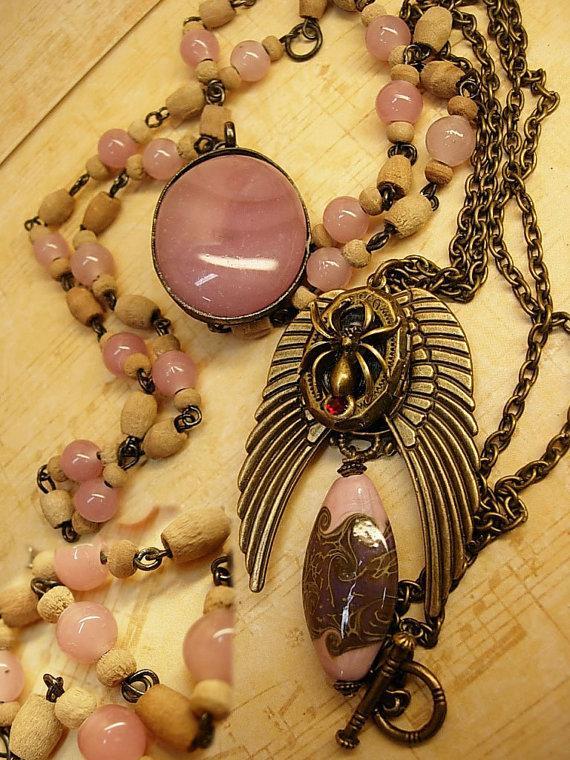 Gothic Winged Spider skeleton locket necklace set with gorgeous pink focal bead