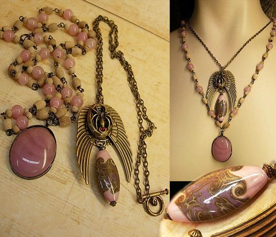 Gothic Winged Spider skeleton locket necklace set with gorgeous pink focal bead