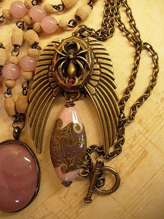 Gothic Winged Spider skeleton locket necklace set with gorgeous pink focal bead