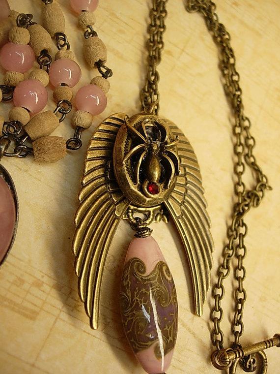 Gothic Winged Spider skeleton locket necklace set with gorgeous pink focal bead