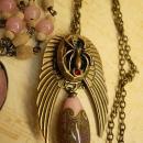Gothic Winged Spider skeleton locket necklace set with gorgeous pink focal bead