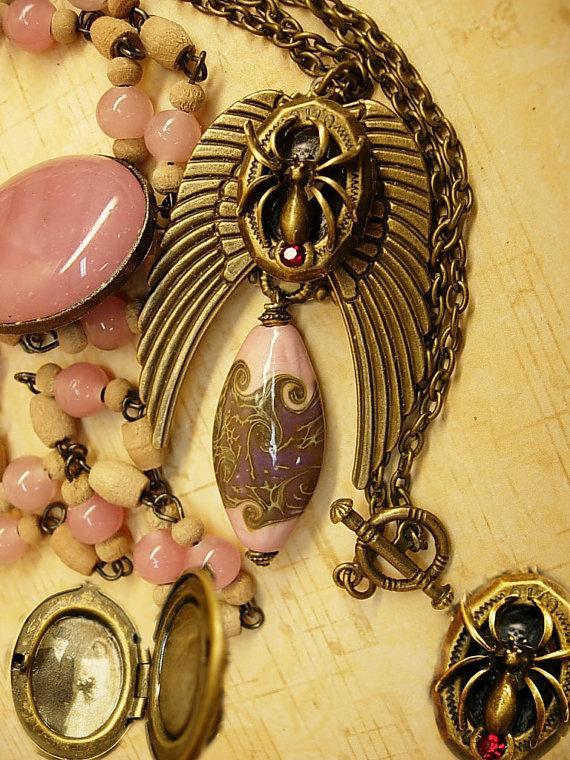 Gothic Winged Spider skeleton locket necklace set with gorgeous pink focal bead
