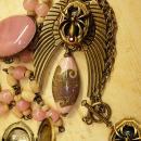 Gothic Winged Spider skeleton locket necklace set with gorgeous pink focal bead