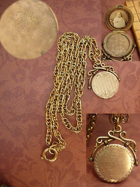 Antique victorian locket fob necklace rose gold filled fancy fob with victorian baby photo inside