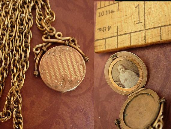 Antique victorian locket fob necklace rose gold filled fancy fob with victorian baby photo inside