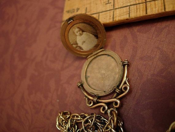 Antique victorian locket fob necklace rose gold filled fancy fob with victorian baby photo inside