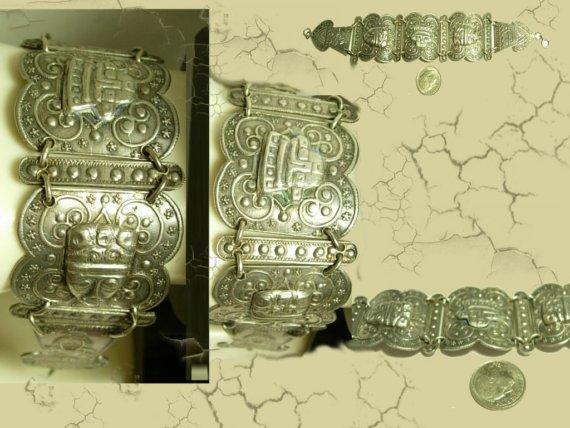 VIntage 1930's Goddess relief fob bracelet Ancient Mayans of MExico