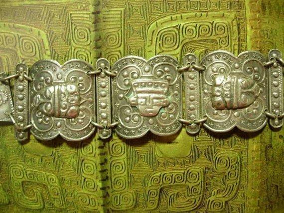 VIntage 1930's Goddess relief fob bracelet Ancient Mayans of MExico