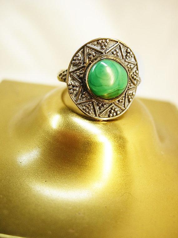 Malachite talisman sterling Ring Vintage star symbols