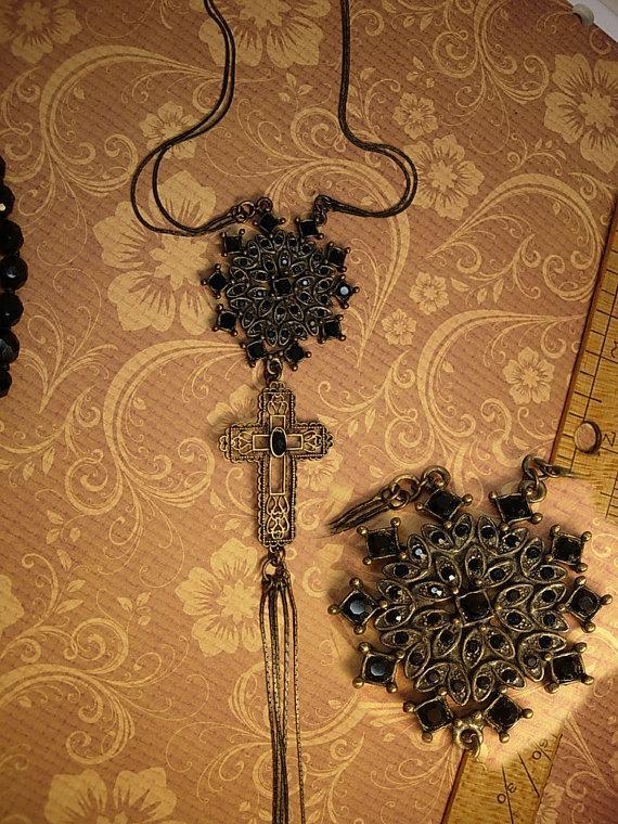 Gothic necklace BLack rhinestones gothic cross long tassels costume jewelry
