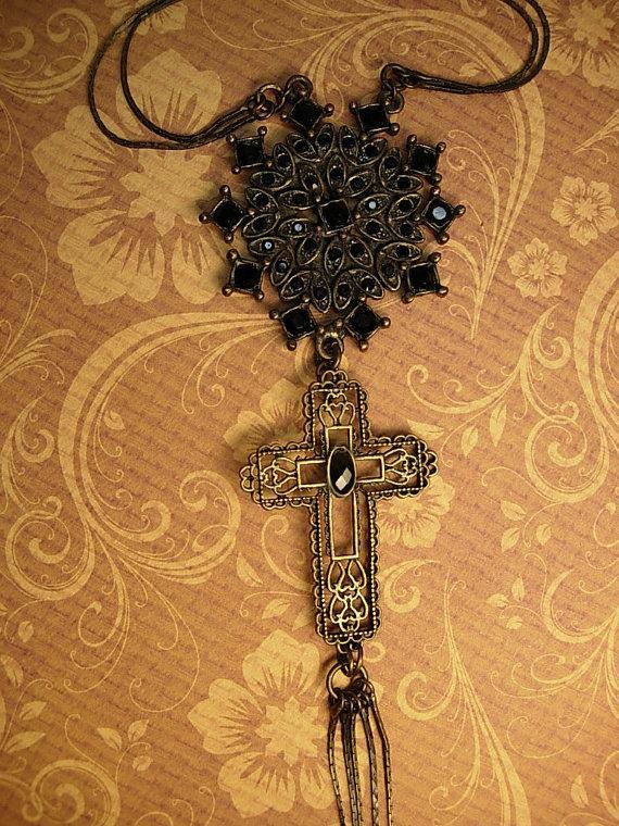 Gothic necklace BLack rhinestones gothic cross long tassels costume jewelry